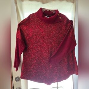 Women's Red Textured Turtleneck Sweater with Button Detail